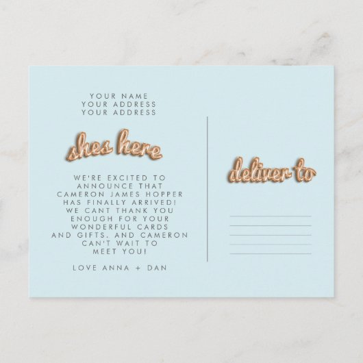 IST EIN JUNGE! Rose Gold/BULE Postkarte. Ankündigungspostkarte (Rückseite)