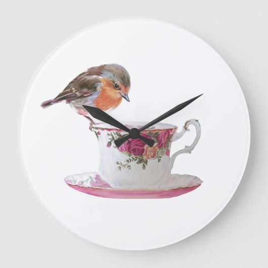 Ist es noch Teezeit? Robin auf einer Teetasse Große Wanduhr (Vorderseite)