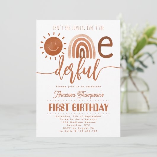 Ist sie nicht liebevoll Onederful Boho Rainbow Bir Einladung (Stehend Vorderseite)