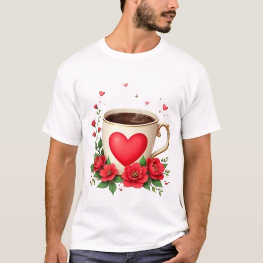 It Is Coffee Time With Mug And Red Hearts T-Shirt (Vorderseite)