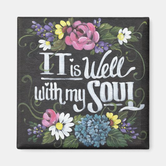 "It is Well" 2" Black Floral Square Magnet (Vorne)