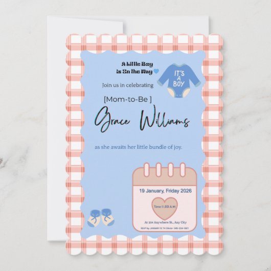It’s a Boy Baby Shower Invitation | Gingham Blue C Einladung (Vorderseite)