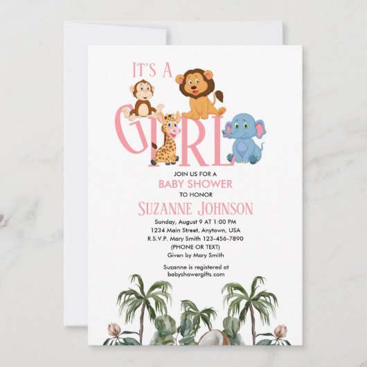 It’s A Girl-Baby Zoo Animals Invitation Einladung (Vorderseite)