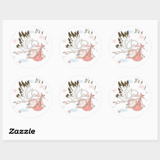 It’s a Girl Stork and Baby Runder Aufkleber (Blatt)