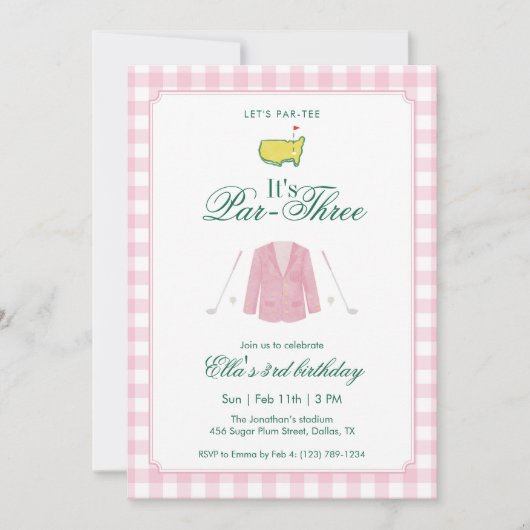 It’s A Par-Three Golf 3rd Birthday Pink Gingham Einladung (Vorderseite)