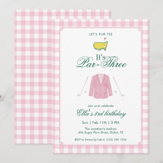 It’s A Par-Three Golf 3rd Birthday Pink Gingham Einladung (Vorne/Hinten)