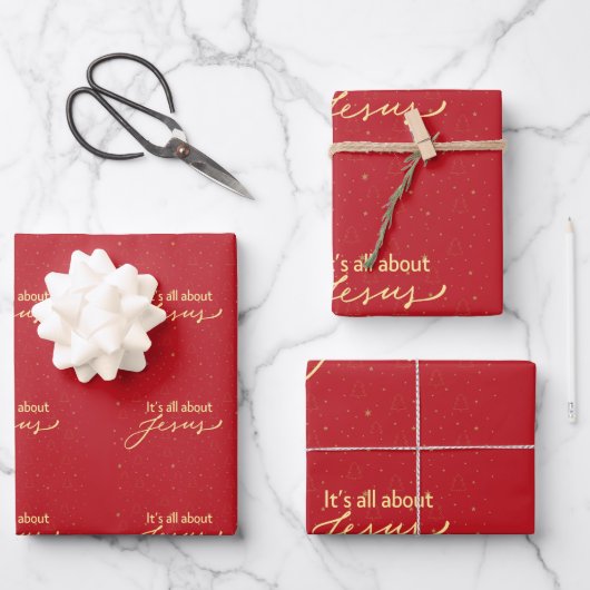 It’s All About Jesus – Red & Gold Christmas Geschenkpapier Set (Vorderseite)