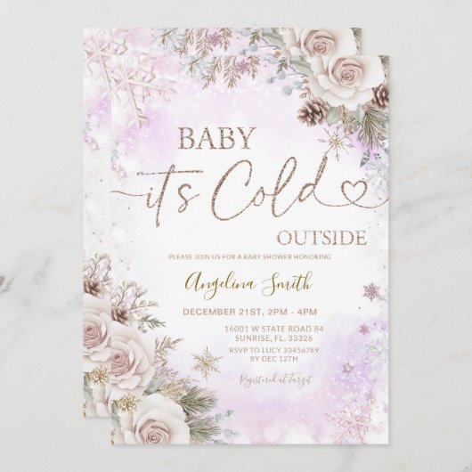 It’s Cold Outside Pink Purple Winter Baby Shower Einladung (Vorne/Hinten)