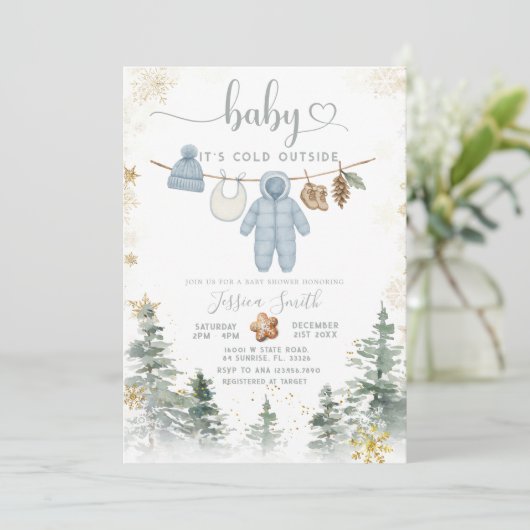 It’s Cold Outside Woodland Baby Shower Invitation Einladung (Stehend Vorderseite)