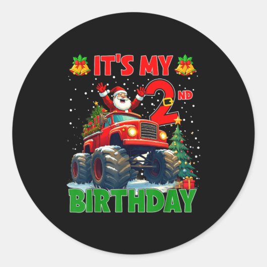 It’s My 2nd Birthday Xmas Santa Monster Truck Chri Runder Aufkleber (Vorderseite)
