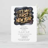 It’s My First New Year in Black & Gold Baby Shower Einladung (Stehend Vorderseite)