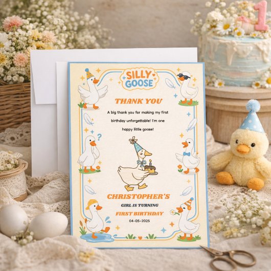 It’s ONE Silly Goose Retro 1st Birthday Fun Modern Dankeskarte