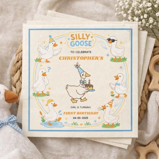 It’s ONE Silly Goose Retro 1st Birthday Fun Modern Serviette