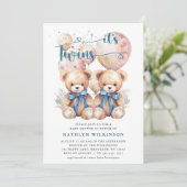 IT S TWINS Blue Balloons Teddy Bears Baby Dusche Einladung (Stehend Vorderseite)