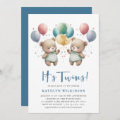 IT S TWINS Blue Balloons Teddy Bears Baby Dusche Einladung (Vorne/Hinten)