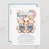 IT S TWINS Blue Balloons Teddy Bears Baby Dusche Einladungspostkarte (Vorne/Hinten)