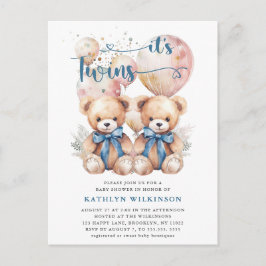 IT S TWINS Blue Balloons Teddy Bears Baby Dusche Einladungspostkarte