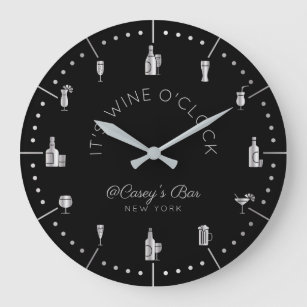 It’s Wine O’Clock Elegant Silver Black Monogram Große Wanduhr