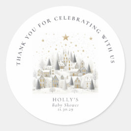 It Takes a Village Snowy Whimsical Baby Shower  Runder Aufkleber