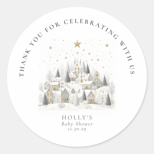 It Takes a Village Snowy Whimsical Baby Shower Runder Aufkleber (Vorderseite)