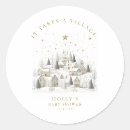 It Takes a Village Snowy Whimsical Baby Shower  Runder Aufkleber