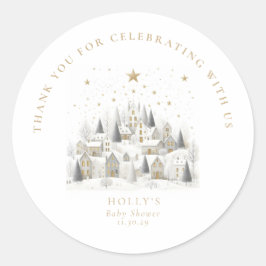 It Takes a Village Snowy Whimsical Baby Shower  Runder Aufkleber