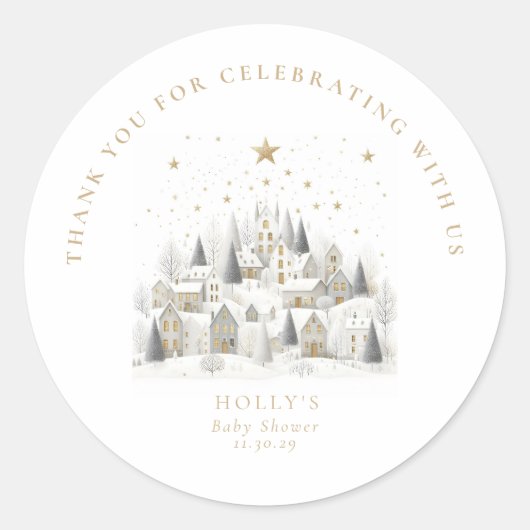 It Takes a Village Snowy Whimsical Baby Shower Runder Aufkleber (Vorderseite)