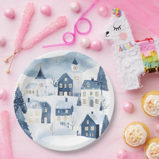 It takes a Village Winter Night Snow Baby Shower Pappteller (Party)