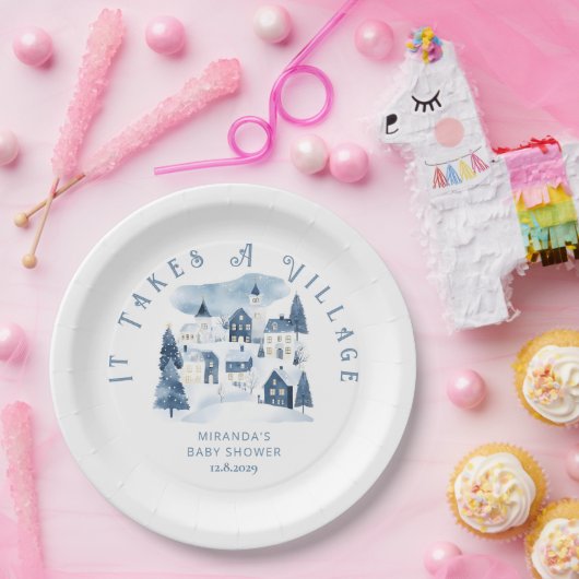 It takes a Village Winter Night Snow Baby Shower Pappteller (Party)