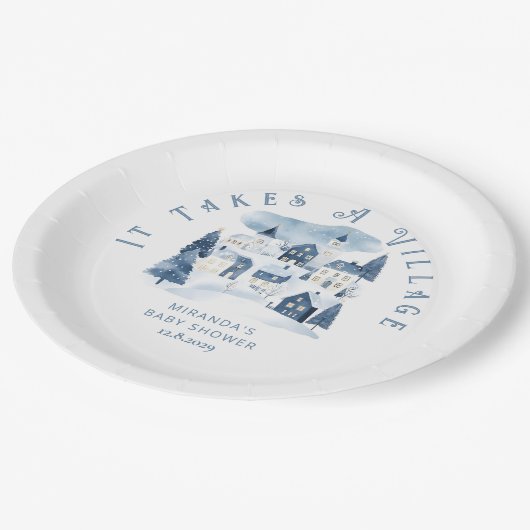 It takes a Village Winter Night Snow Baby Shower Pappteller (Schrägansicht)
