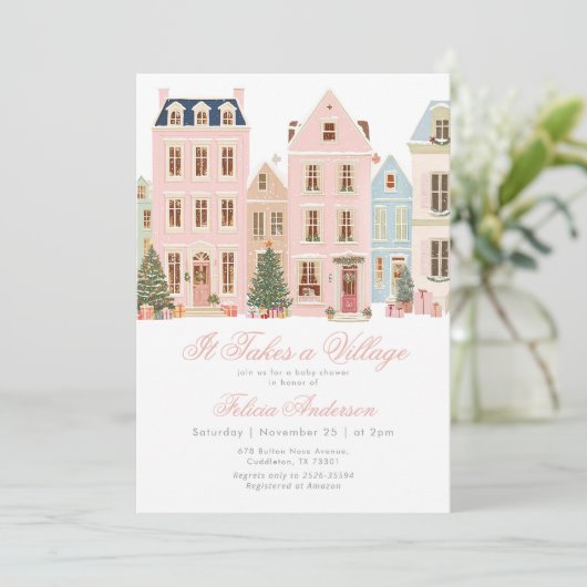 It takes a village Winter Pink Baby Gir Shower Einladung (Stehend Vorderseite)