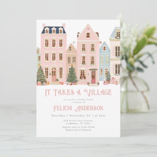 It takes a village Winter Pink Baby Gir Shower Einladung (Stehend Vorderseite)