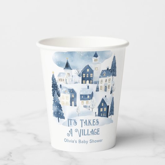 It Takes a Village Winter Snow Baby Shower Pappbecher (Rückseite)