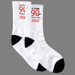 It took 90 years to get these Socks 90th Birthday Socken<br><div class="desc">These fun 90th birthday socks feature the words "It took 90 years to get these socks" on all sides of the socks on the top. The socks have a white background with all the writing black except for the 90 and the word socks which are in red. These socks are...</div>