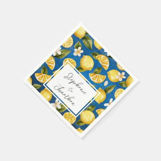 Italia Blue Watercolor Lemon Calligraphy Napkin Serviette (Ecke)