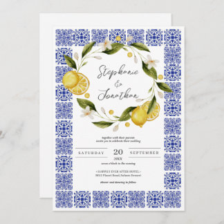 Italia Blue Watercolor Lemon Calligraphy Wedding Einladung