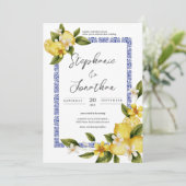 Italia Blue Watercolor Lemon Calligraphy Wedding Einladung (Stehend Vorderseite)