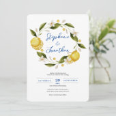 Italia Blue Watercolor Lemon Calligraphy Wedding I Einladung (Stehend Vorderseite)