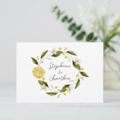 Italia Blue Watercolor Lemon RSVP Card (Stehend Vorderseite)