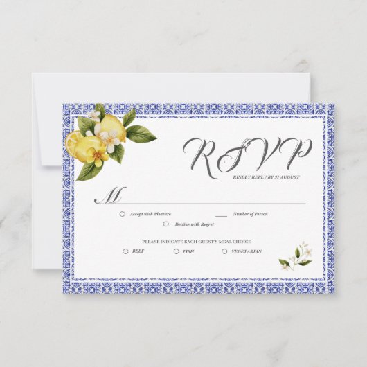 Italia Blue Watercolor Lemon RSVP Card (Vorderseite)
