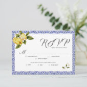 Italia Blue Watercolor Lemon RSVP Card (Stehend Vorderseite)