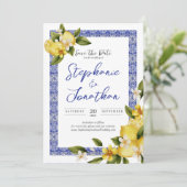 Italia Blue Watercolor Lemon Save the Date Card (Stehend Vorderseite)