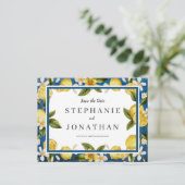 Italia Blue Watercolor Lemon SavetheDate Postcard Postkarte (Stehend Vorderseite)