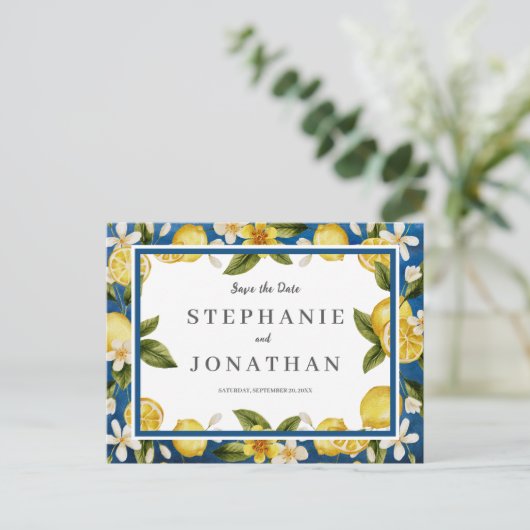 Italia Blue Watercolor Lemon SavetheDate Postcard Postkarte (Stehend Vorderseite)