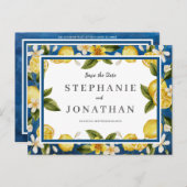 Italia Blue Watercolor Lemon SavetheDate Postcard Postkarte (Vorne/Hinten)