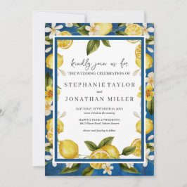 Italia Blue Watercolor Lemon Wedding Einladung