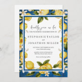 Italia Blue Watercolor Lemon Wedding Einladung (Vorne/Hinten)