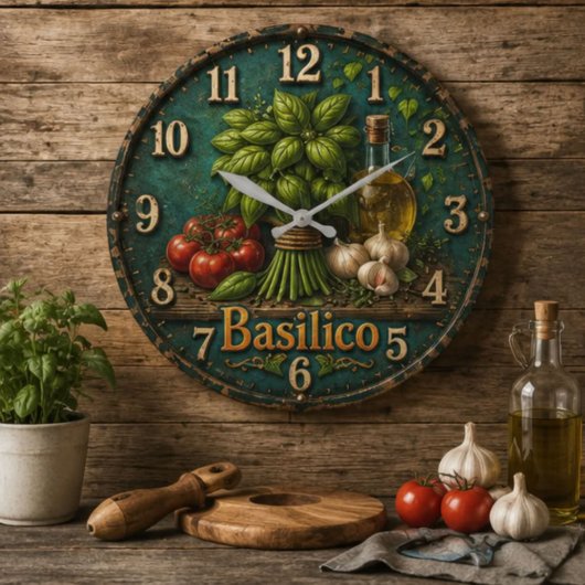 Italian Basil Kitchen Rustic Farmhouse Große Wanduhr