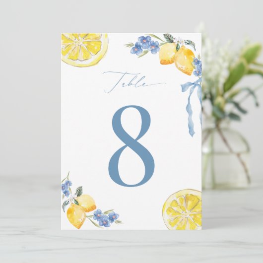 Italian Blue Bow Lemon Wedding 5x7 Table Number Einladung (Stehend Vorderseite)