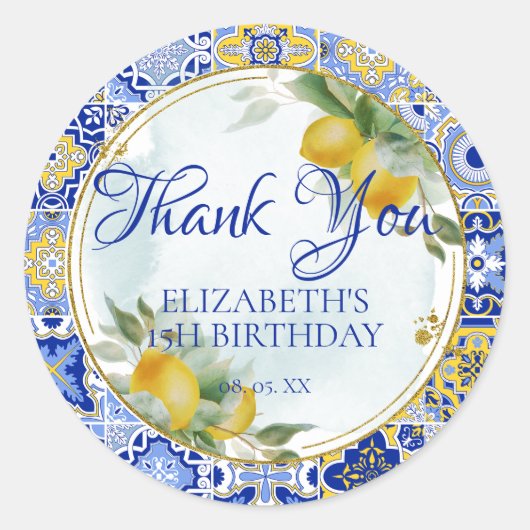Italian Blue Gold Tile Lemons Script Vielen Dank Runder Aufkleber (Vorderseite)